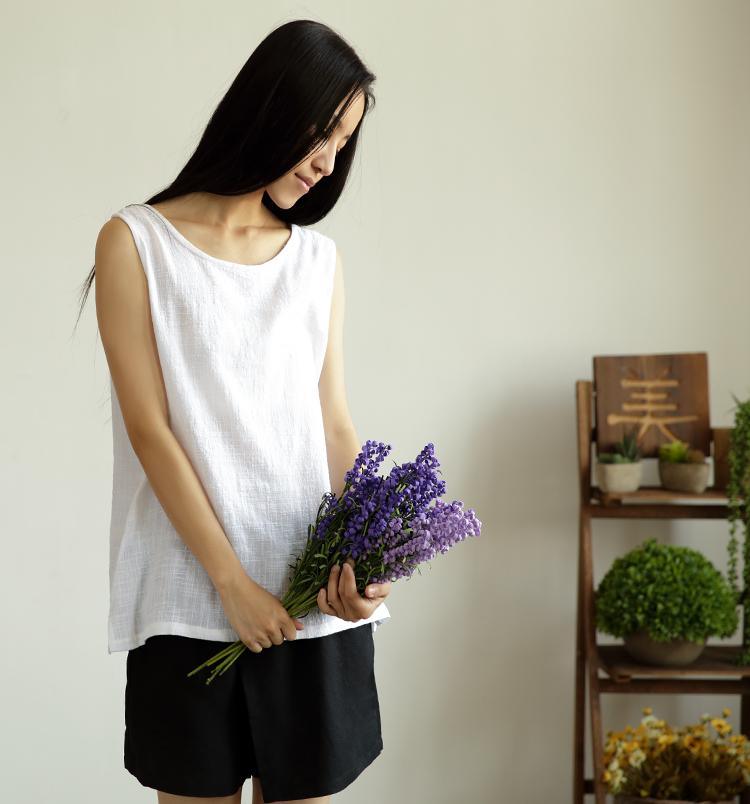 baby blue women linen tank top breathy summer blouse t shirt sleeveless - Omychic