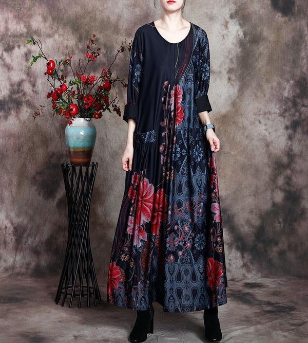 Women Loose Printed Dress Ladies Wrinkle Plus Size Dress - Omychic
