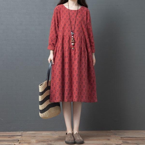 Mori Girls Style Vintage Print Loose Ladies Knee-length A-line Dresses - Omychic