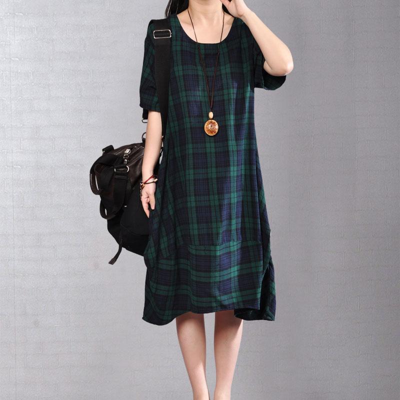 baggy Midi-length cotton dress plus size Women Round Neck Short Sleeve Lattice Casual Dress - Omychic