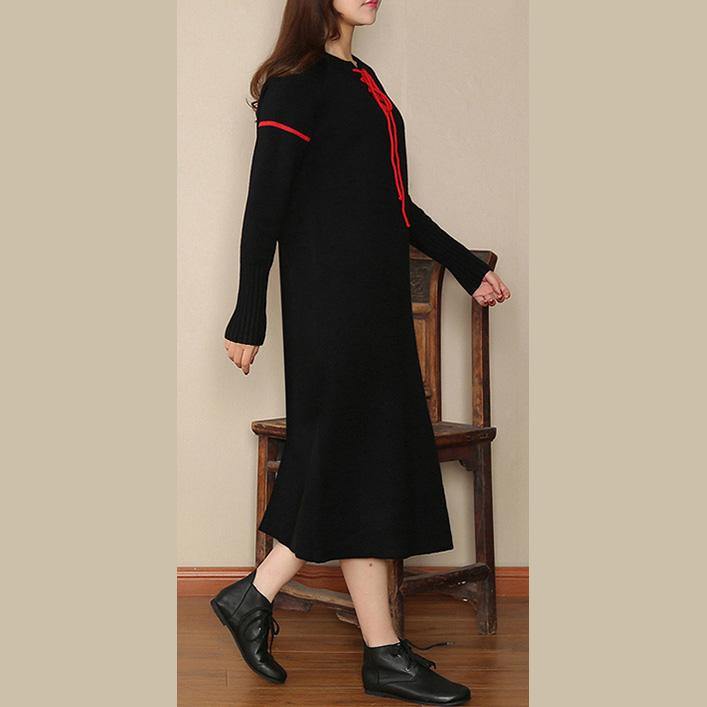 baggy black Loose fitting V neck drawstring traveling dress 2018 long sleeve pockets wool caftans - Omychic