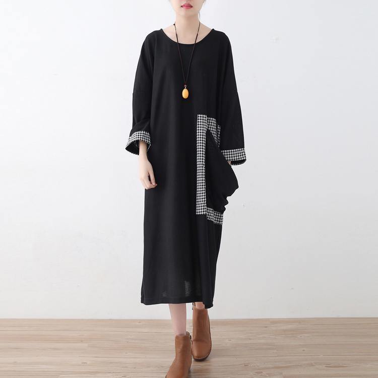 baggy black Plaid casual O neck clothing dress vintage patchwork dresses - Omychic