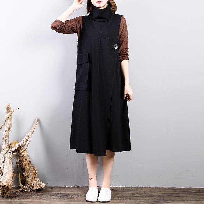 baggy black autumn cotton dress plus size high neck big pockets gown women sleeveless caftans - Omychic