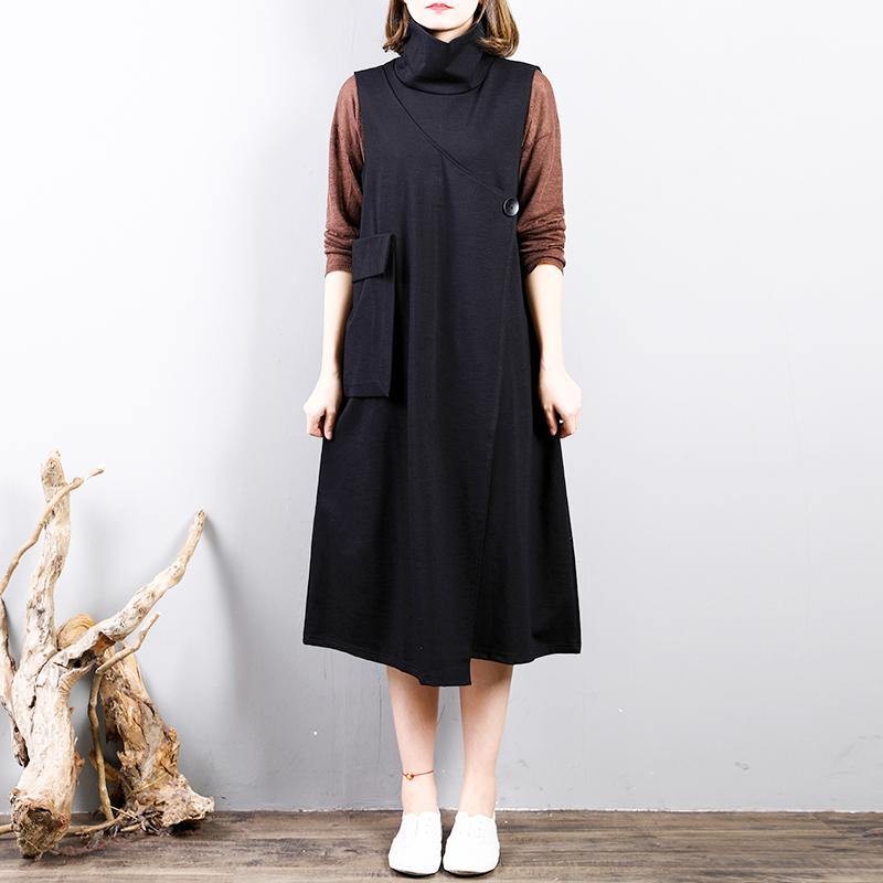 baggy black autumn cotton dress plus size high neck big pockets gown women sleeveless caftans - Omychic