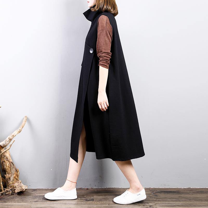 baggy black autumn cotton dress plus size high neck big pockets gown women sleeveless caftans - Omychic