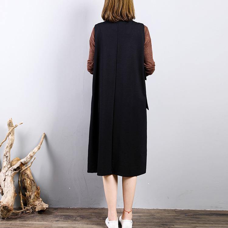 baggy black autumn cotton dress plus size high neck big pockets gown women sleeveless caftans - Omychic