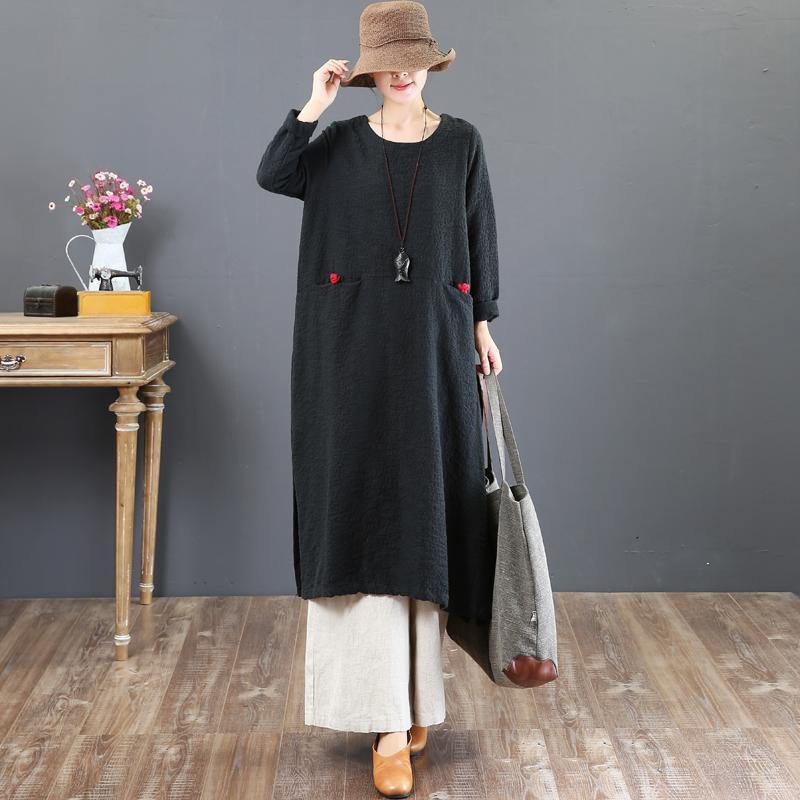 baggy black cotton caftans plus size clothing o neck traveling dress New pockets Chinese Button autumn dress - Omychic