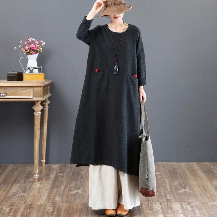 baggy black cotton caftans plus size clothing o neck traveling dress New pockets Chinese Button autumn dress - Omychic