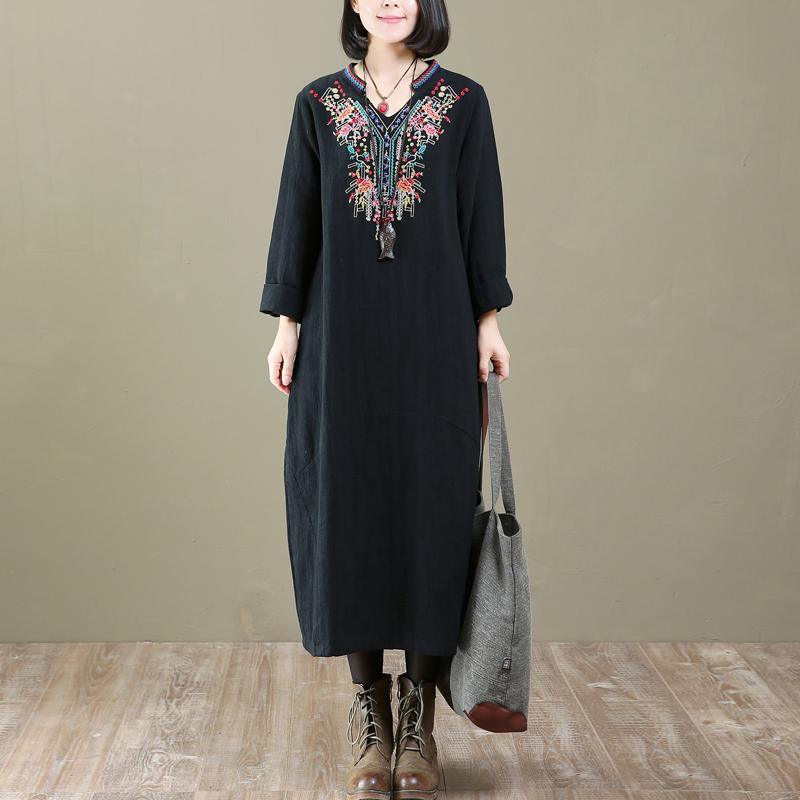 baggy black long cotton dresses oversized embroidery cotton clothing dresses women patchwork caftans - Omychic