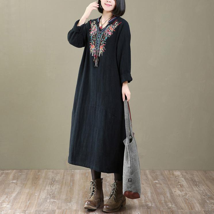 baggy black long cotton dresses oversized embroidery cotton clothing dresses women patchwork caftans - Omychic