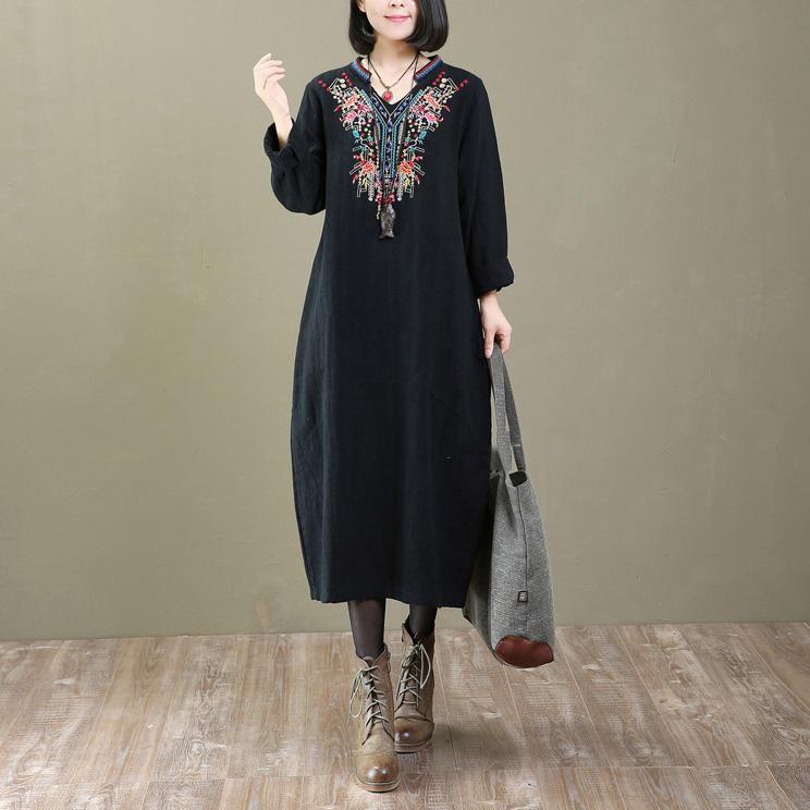 baggy black long cotton dresses oversized embroidery cotton clothing dresses women patchwork caftans - Omychic