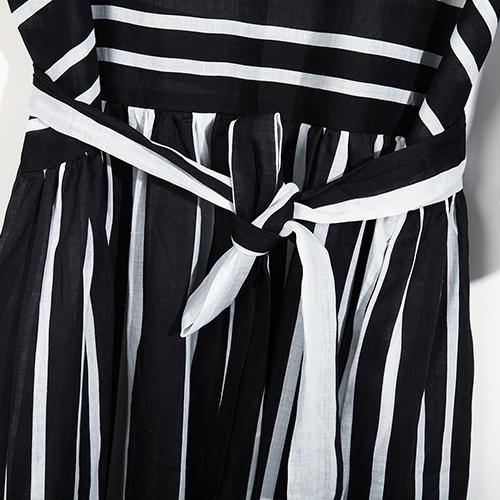 baggy black white striped linen maxi dress oversize tie waist traveling dress top quality bracelet sleeved kaftans - Omychic