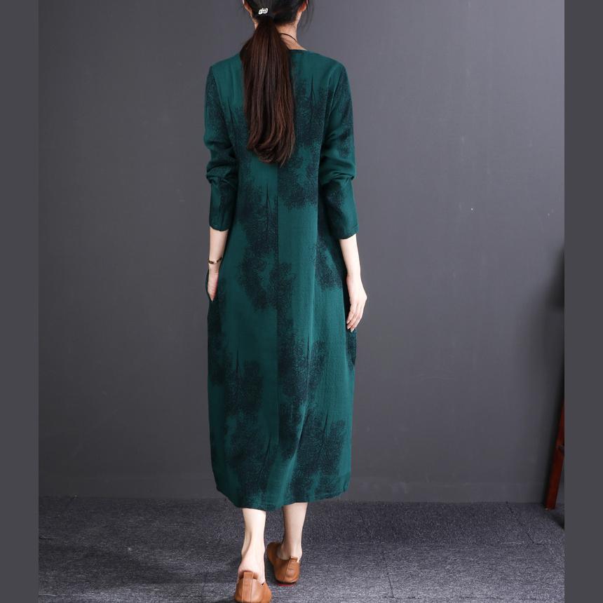 baggy blackish green print long cotton linen dresses oversize O neck baggy dresses linen clothing dresses - Omychic