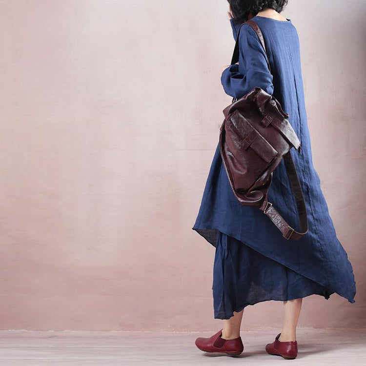 baggy blue linen maxi dress plus size long sleeve linen clothing dress casual asymmetric hem gown - Omychic