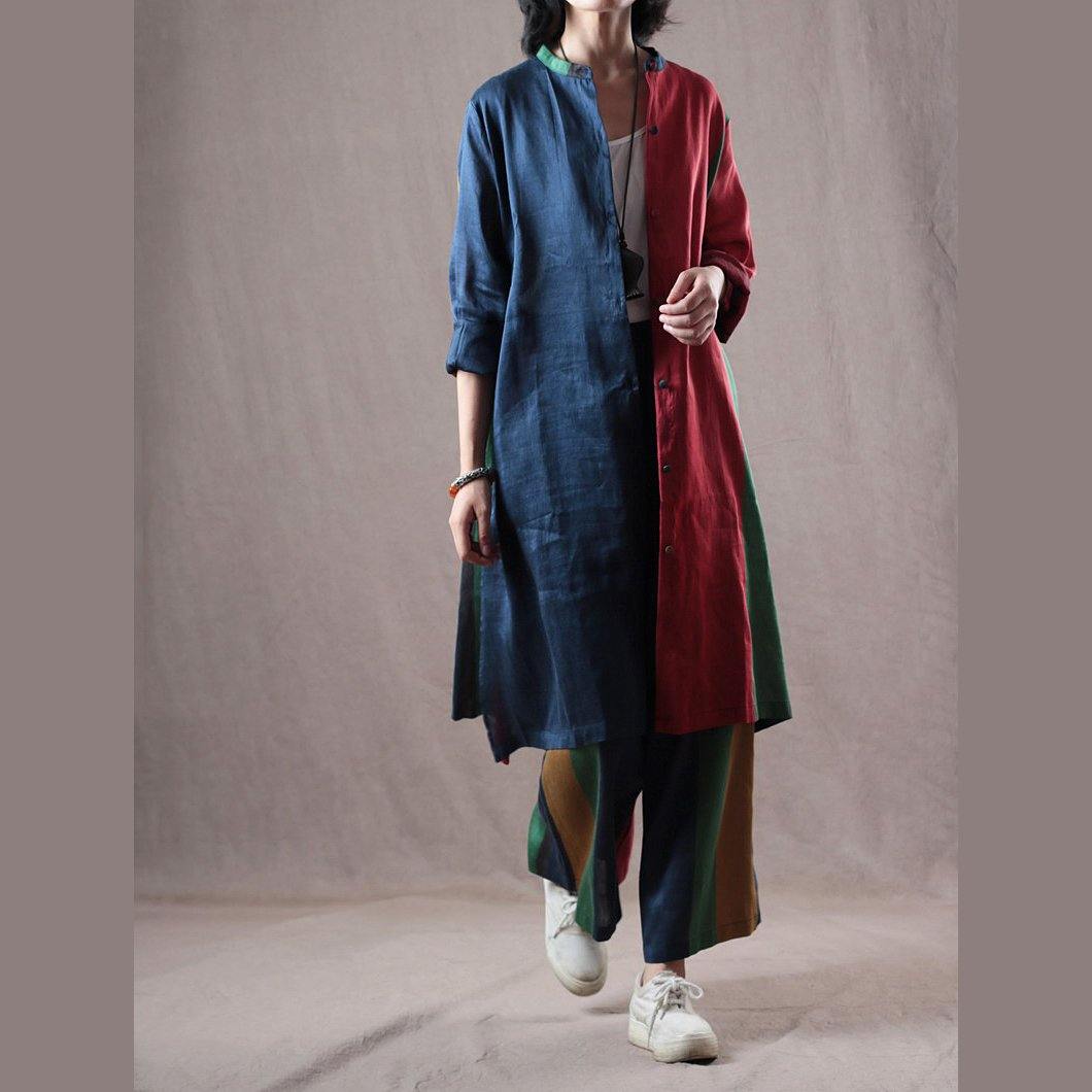 baggy blue red patchwork  Midi linen coat Loose fitting shirts with elastic waist trousers vintage two pieces - Omychic