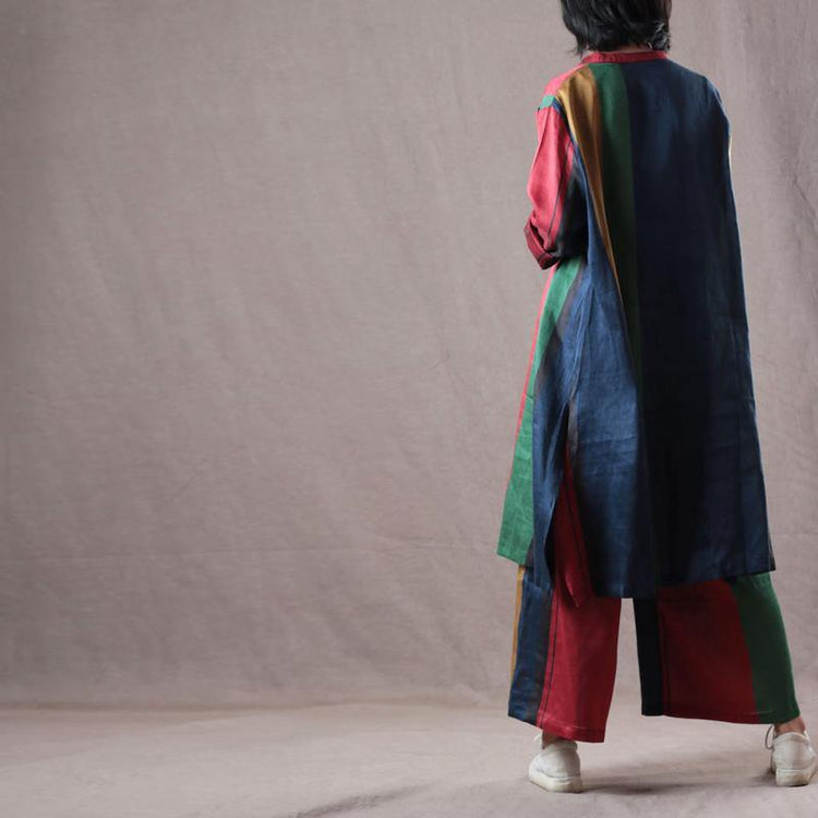 baggy blue red patchwork  Midi linen coat Loose fitting shirts with elastic waist trousers vintage two pieces - Omychic