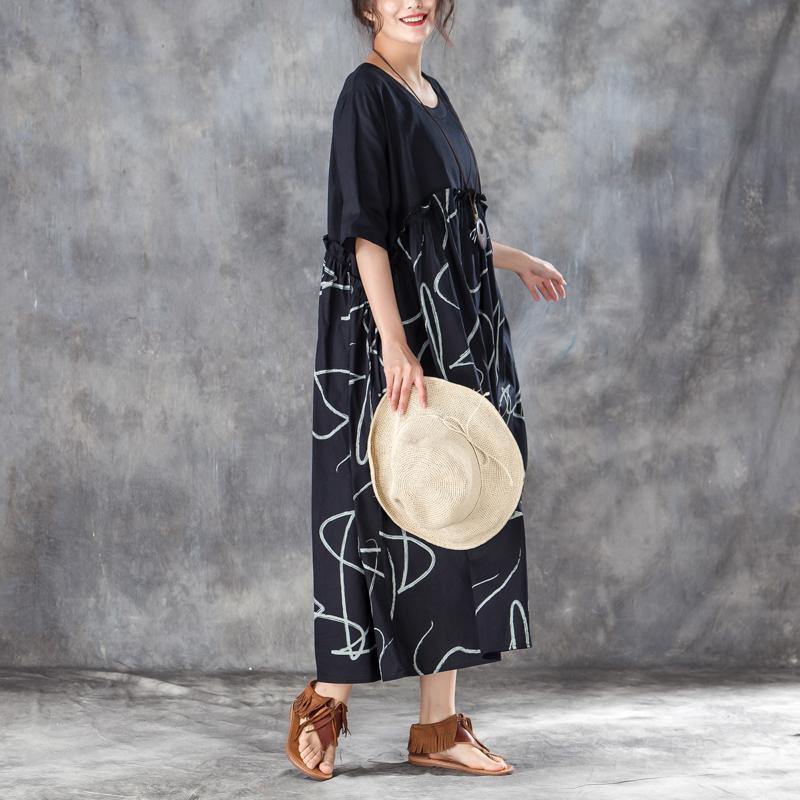 baggy cotton blended maxi dress plus size Women Cotton blended Loose Summer Dress with Lace - Omychic
