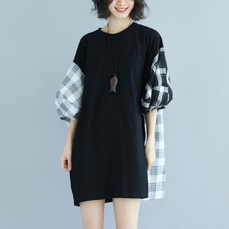 baggy cotton dresses trendy plus size Round Neck Lantern Sleeve Splicing Black Short Dress - Omychic