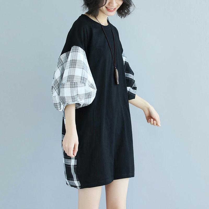 baggy cotton dresses trendy plus size Round Neck Lantern Sleeve Splicing Black Short Dress - Omychic