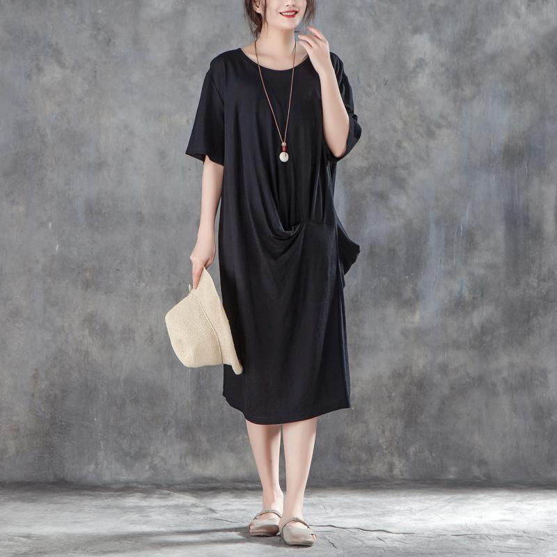 baggy cotton shift dress plus size clothing Women Loose Baggy Summer Short Sleeve Black Dress - Omychic