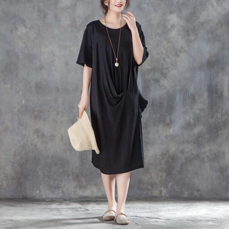 baggy cotton shift dress plus size clothing Women Loose Baggy Summer Short Sleeve Black Dress - Omychic