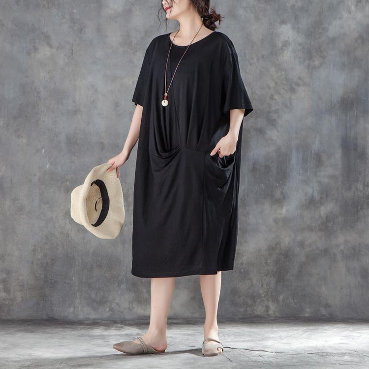 baggy cotton shift dress plus size clothing Women Loose Baggy Summer Short Sleeve Black Dress - Omychic