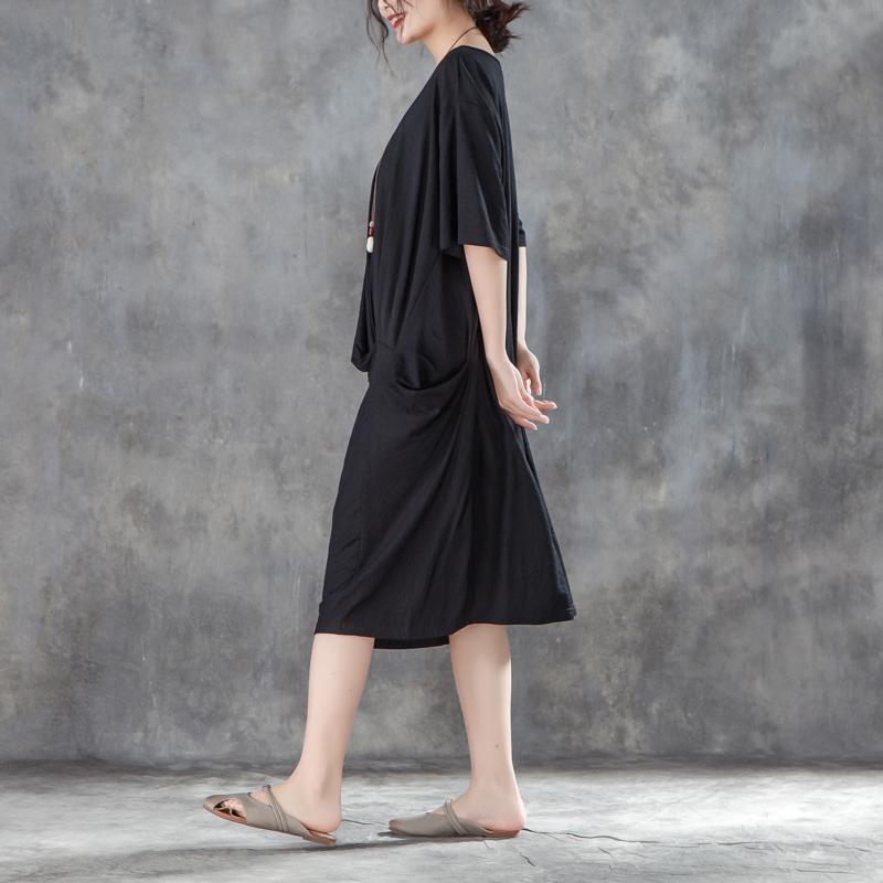 baggy cotton shift dress plus size clothing Women Loose Baggy Summer Short Sleeve Black Dress - Omychic