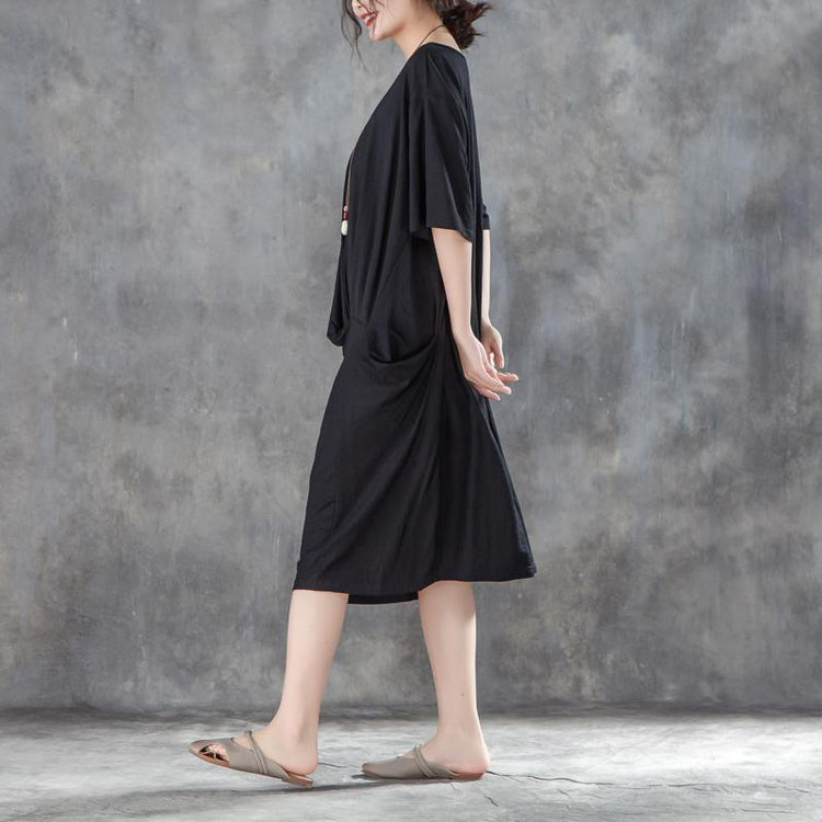 baggy cotton shift dress plus size clothing Women Loose Baggy Summer Short Sleeve Black Dress - Omychic