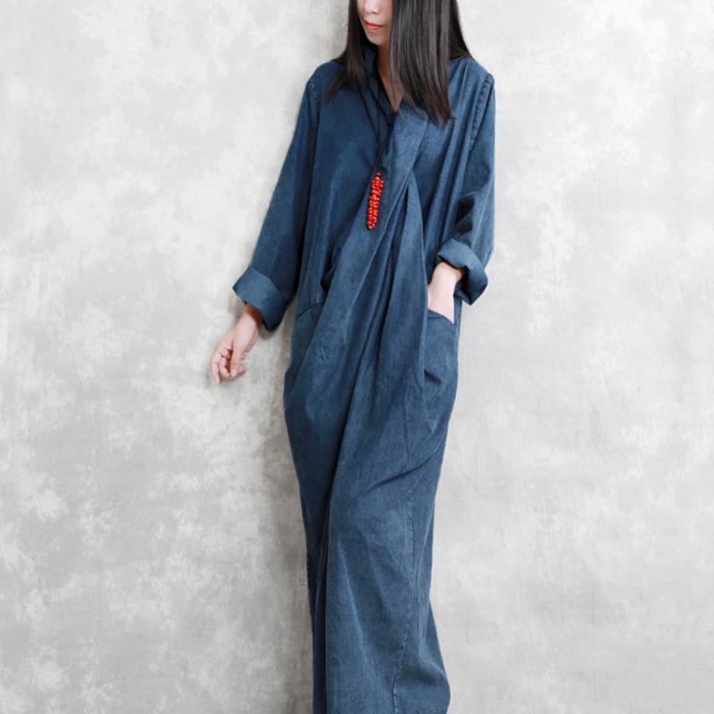 Baggy Denim Blue Long Cotton Dress Casual Side Open Cotton Maxi Dress Fine Tie Waist Caftans - Omychic