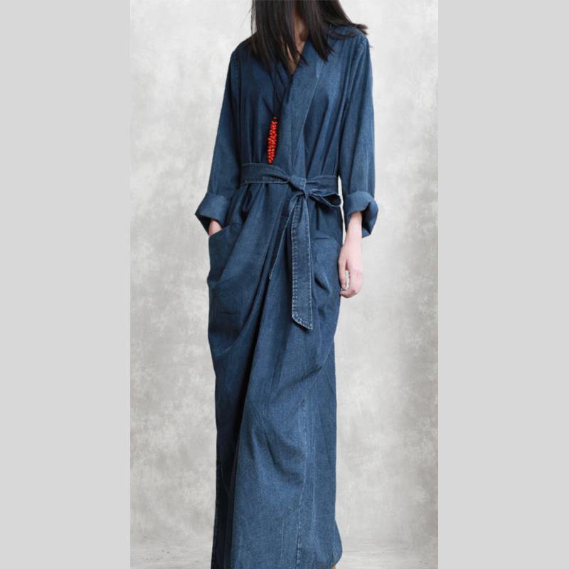 Baggy Denim Blue Long Cotton Dress Casual Side Open Cotton Maxi Dress Fine Tie Waist Caftans - Omychic