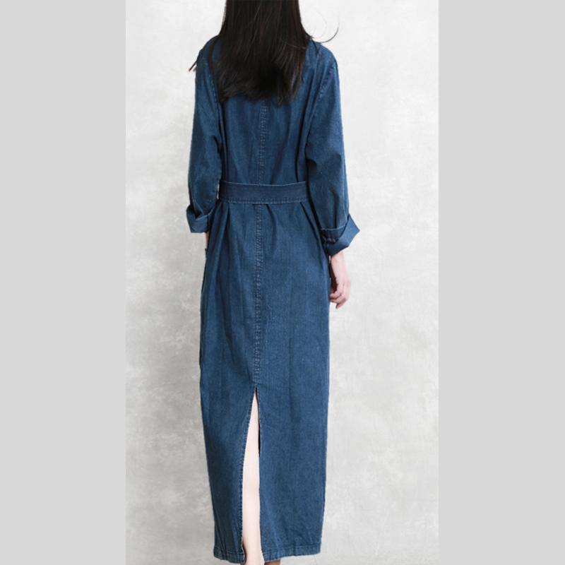 Baggy Denim Blue Long Cotton Dress Casual Side Open Cotton Maxi Dress Fine Tie Waist Caftans - Omychic