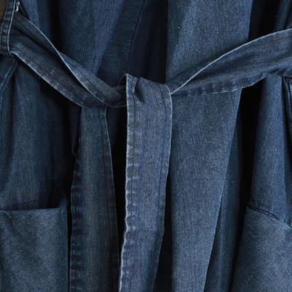 Baggy Denim Blue Long Cotton Dress Casual Side Open Cotton Maxi Dress Fine Tie Waist Caftans - Omychic