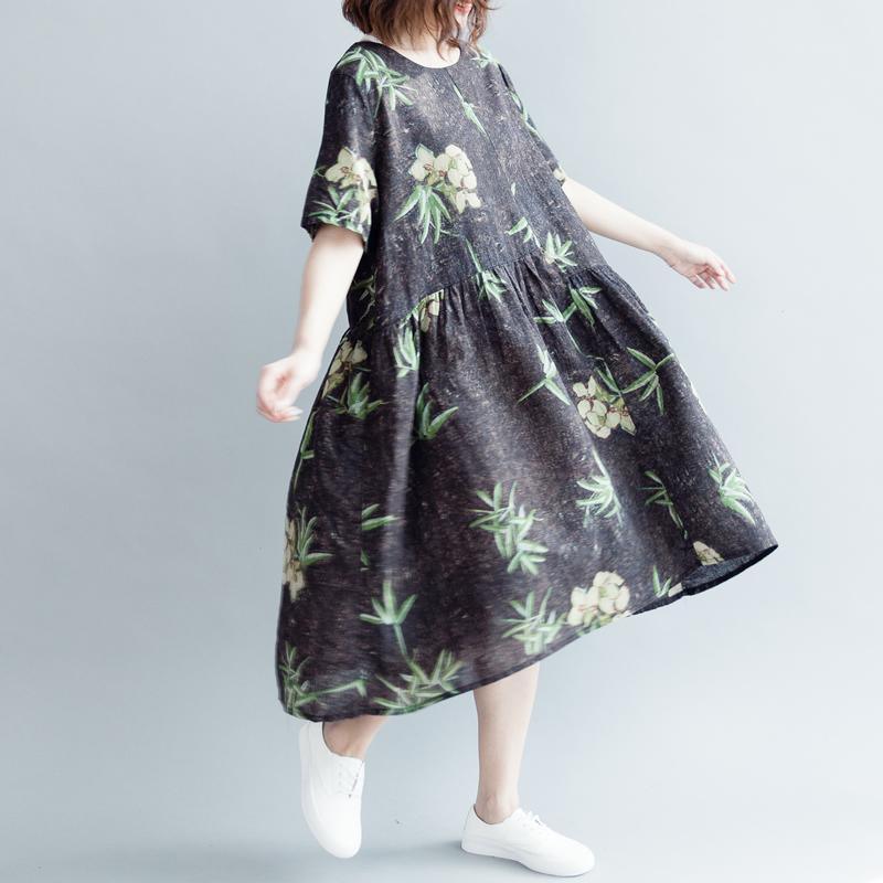 baggy floral cotton linen long dress Loose fitting O neck baggy dresses vintage short sleeve wrinkled dresses - Omychic