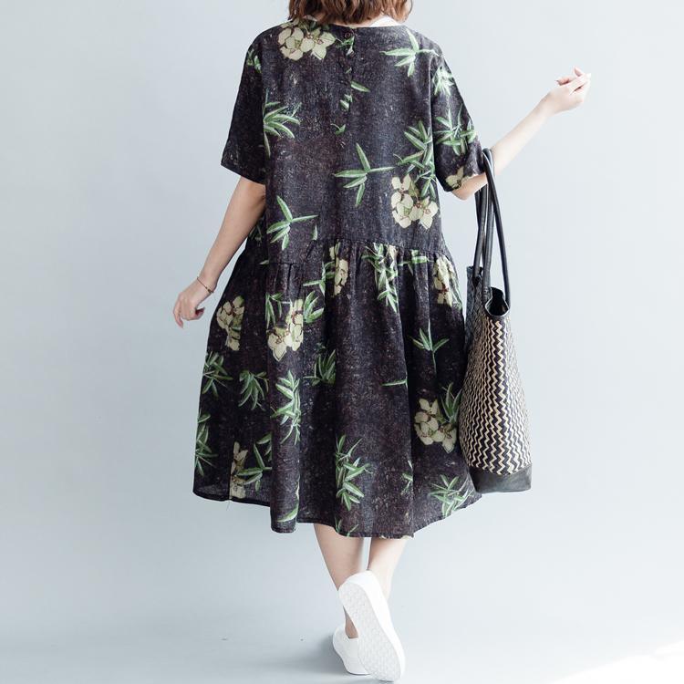 baggy floral cotton linen long dress Loose fitting O neck baggy dresses vintage short sleeve wrinkled dresses - Omychic