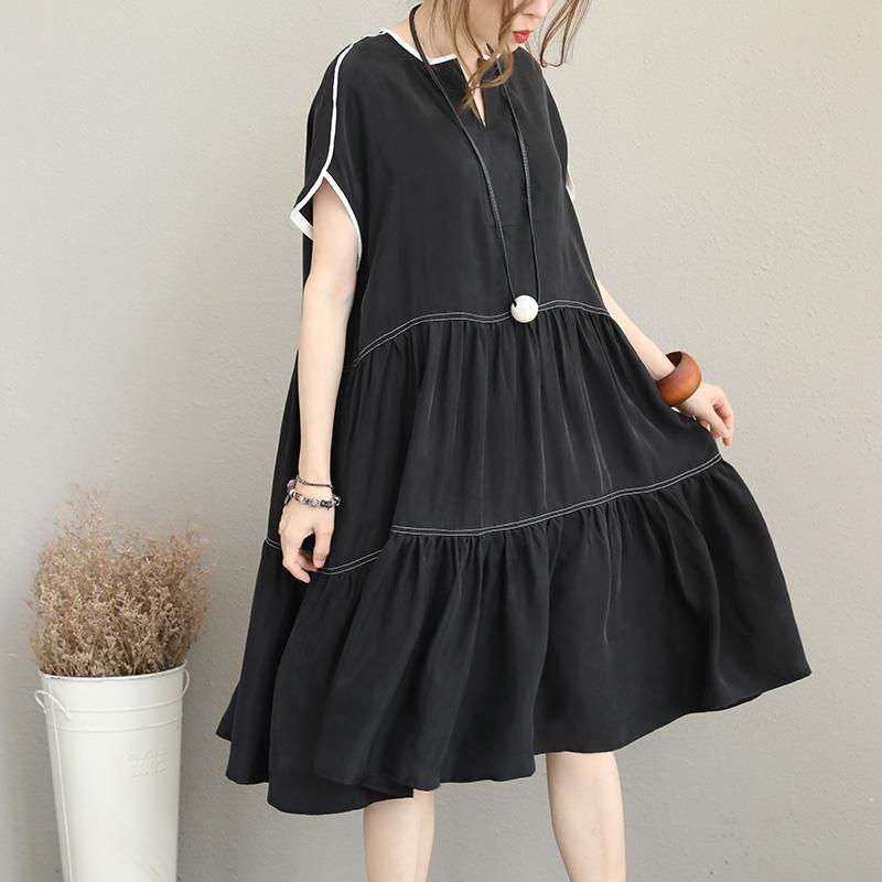 baggy gray cotton blended dress v neck short sleeve patchwork maxi dress women baggy dresses - Omychic