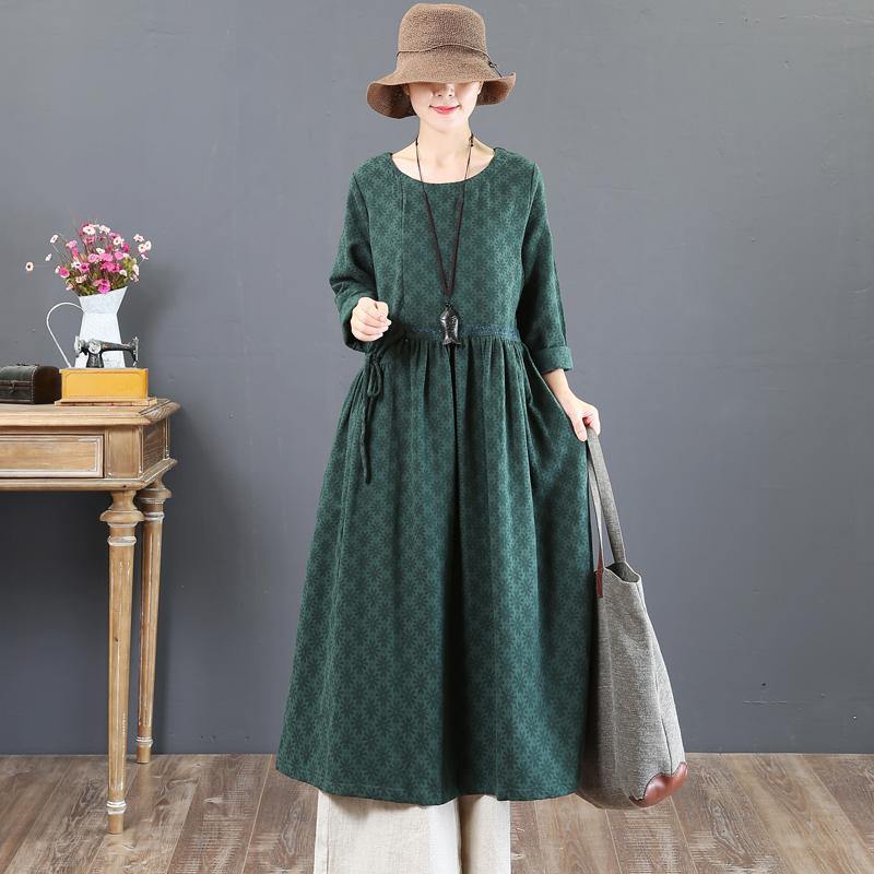 baggy green 2018 fall dress oversized tie waist traveling clothing casual o neck kaftans - Omychic