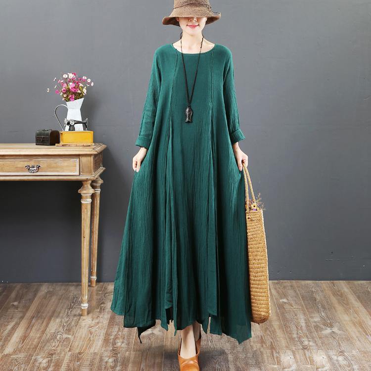 baggy green autumn linen dress plus size clothing asymmetric traveling dress Fine o neck kaftans - Omychic