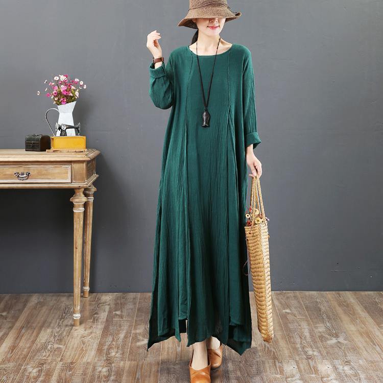 baggy green autumn linen dress plus size clothing asymmetric traveling dress Fine o neck kaftans - Omychic