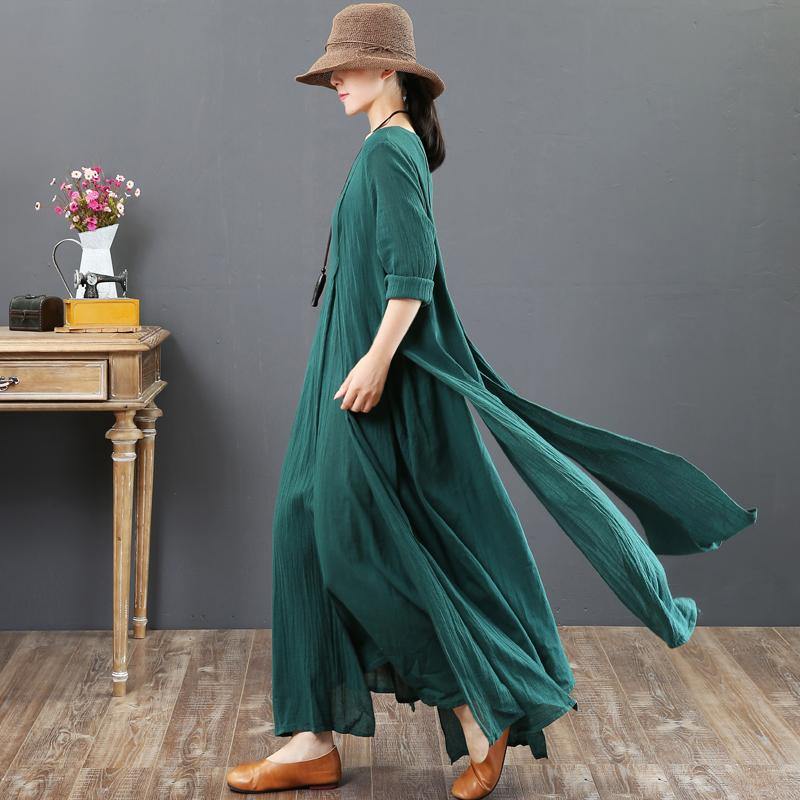 baggy green autumn linen dress plus size clothing asymmetric traveling dress Fine o neck kaftans - Omychic