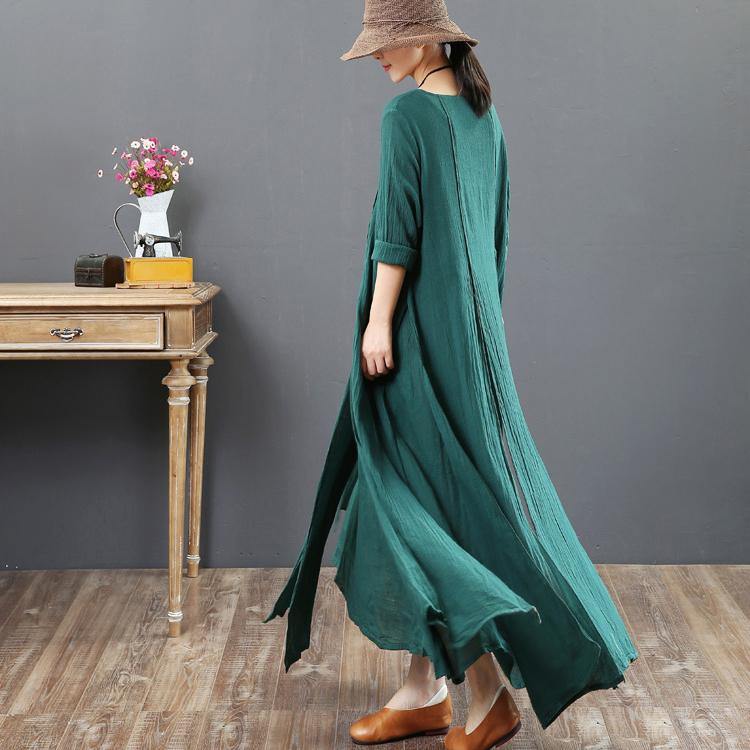 baggy green autumn linen dress plus size clothing asymmetric traveling dress Fine o neck kaftans - Omychic