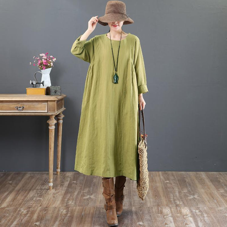 Baggy Green Linen Maxi Dress Plus Size O Neck Linen Gown Vintage Long Sleeve Gown - Omychic