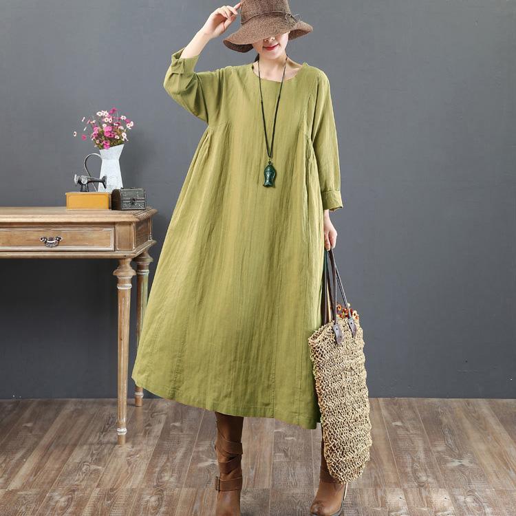 Baggy Green Linen Maxi Dress Plus Size O Neck Linen Gown Vintage Long Sleeve Gown - Omychic