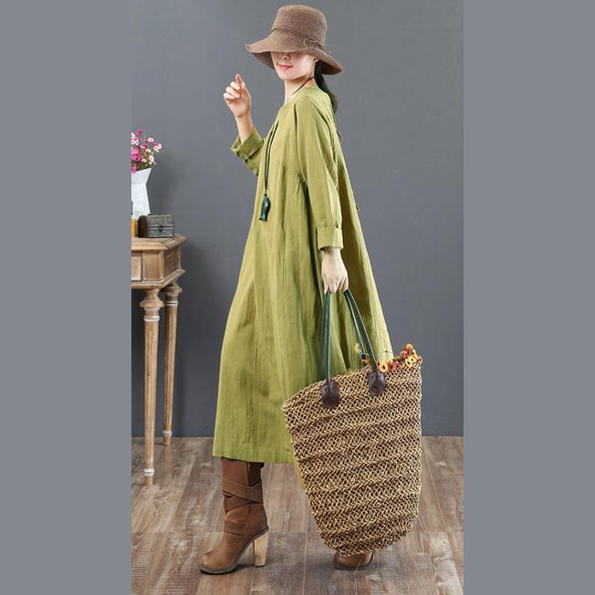 Baggy Green Linen Maxi Dress Plus Size O Neck Linen Gown Vintage Long Sleeve Gown - Omychic