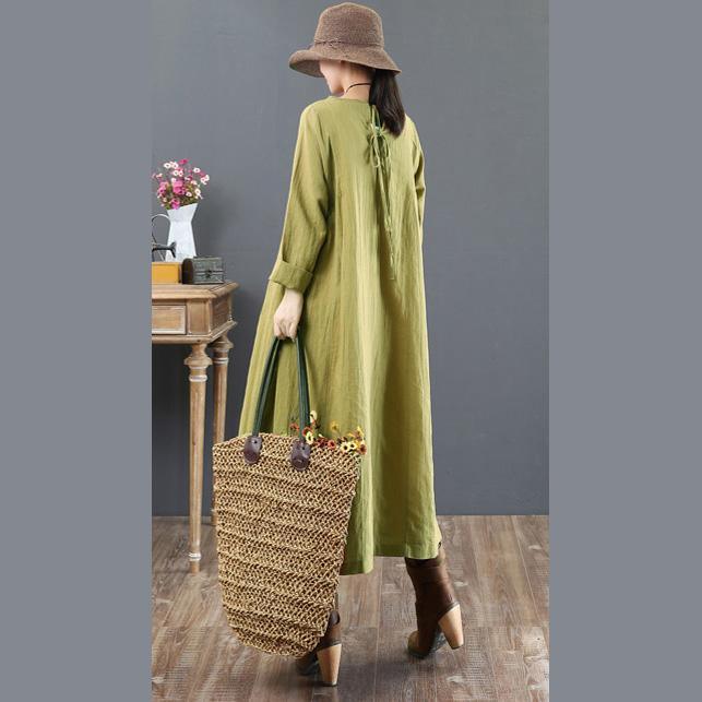 Baggy Green Linen Maxi Dress Plus Size O Neck Linen Gown Vintage Long Sleeve Gown - Omychic