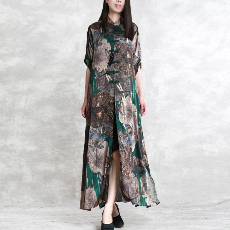 baggy green prints silk dresses plus size Chinese Button gown New side open shirt maxi dresses - Omychic