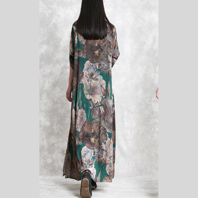 baggy green prints silk dresses plus size Chinese Button gown New side open shirt maxi dresses - Omychic