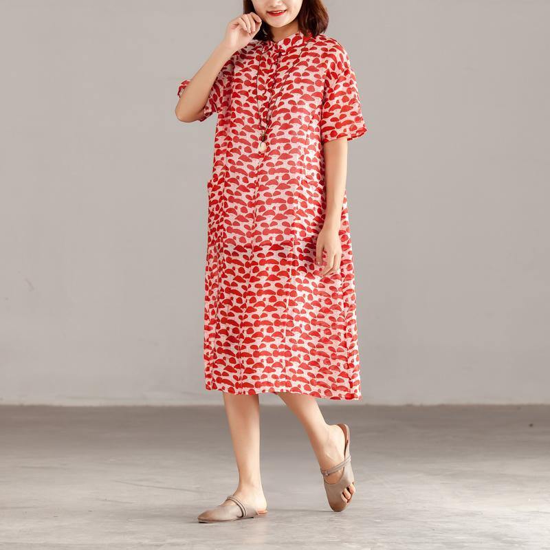 Baggy Linen Sundress Plus Size Women Red Linen Short Sleeve Summer Dress - Omychic