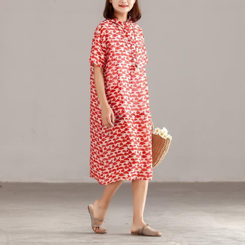 Baggy Linen Sundress Plus Size Women Red Linen Short Sleeve Summer Dress - Omychic