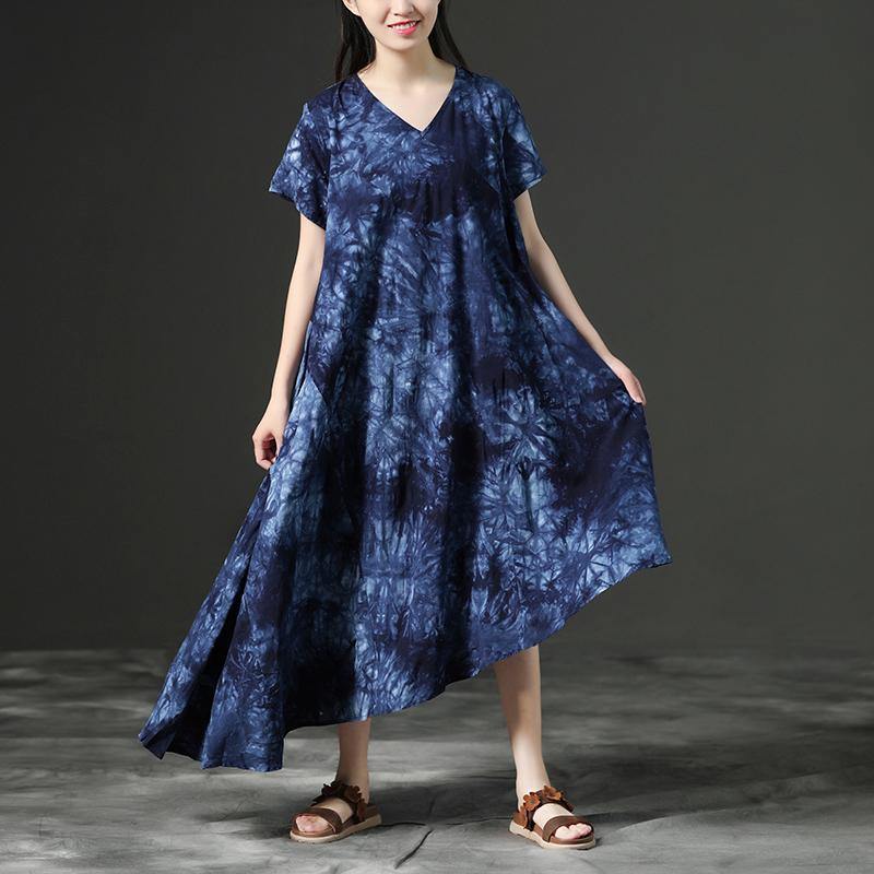 baggy long cotton blended dress stylish Cotton Retro Printing Loose Women Irregular Blue Dress - Omychic