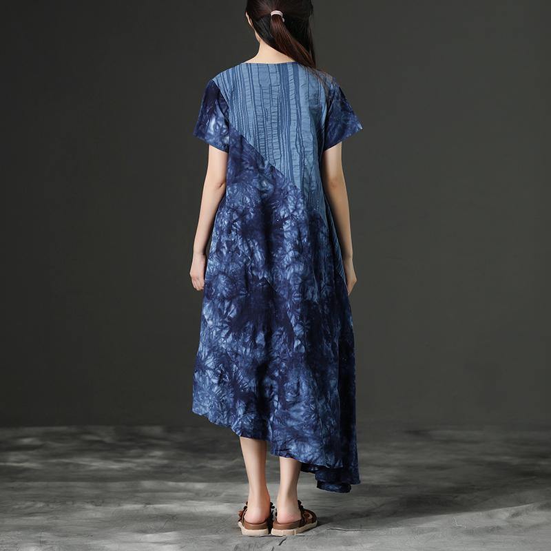 baggy long cotton blended dress stylish Cotton Retro Printing Loose Women Irregular Blue Dress - Omychic